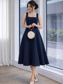 Sophisticated Midi Dress With Perfect Cut | A-Line Silhouette - Navy Blue - View 1