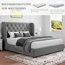 Full Bed Frame With Velvet Button-Tufted Headboard , Upholstered Bed Frames, Soft Fabric, Button Tufted Headboard With Windback, Curved Wingback Design,  Queen Bed Frame/ King Bed Frame/ Full Size Bed Frame, Pink/ White/ Grey - 灰色 - 查看 4