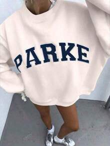Women's Casual PARKE Letter Print Loose Pullover Sweatshirt, Encountering Lazy Fashion.2026 New Y2Y Style Casual Women's Sweatshirt - Versatile For Sports, Leisure, And Everyday Wear - trắng - Xem 1