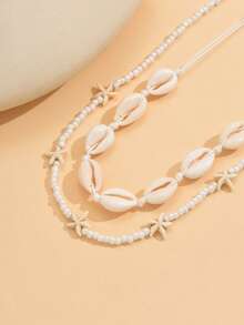 2pcs/Set Natural Shell Handmade Rope Necklace, Turquoise, Starfish, Glass Bead Decor Jewelry Set, Fashionable Versatile For Daily Wear, Beach Vacation, Dating, Photography - Multicolor - View 3