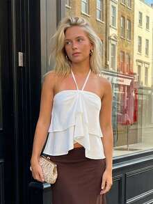 Womens Ruffle Halter Tops Summer Fashionable Spaghetti Strap Backless Going Out Vest - White - View 8