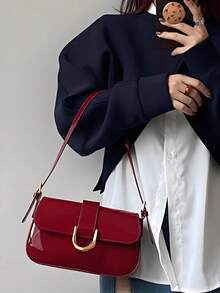 Lacquered Polyurethane Leather Handbag For Women, Burgundy Baguette Bag, Y2K Babe Bag, Shoulder/Underarm Mini Square Bag,Student Retro Inspired Bag - Màu Đỏ Sâu - Xem 2