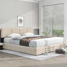 Lit double contemporain 180x200 cm en velours beige capitonné rayé - Tête de lit à hauteur variable et système hydraulique(Sans matelas) - Beige + Velours + 180 cm x 200 cm - Voir 2