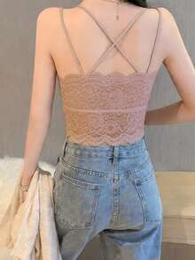 女士时尚露脐蕾丝吊带背心休闲夏季 - 藕粉色 - 查看 4