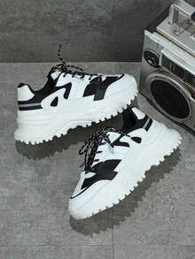 Minimalist Fashion Men's Shoes, White And Gray Colorblock, Thick Platform Wedge Sole, Casual Low-Top Lace-Up Thick Sole Sneakers. Suitable For Outdoor Hiking, Fitness Activities, Daily Commuting And Casual Wear. Unisex, Thick Cushioned Sole Provides Comfortable Wearing Experience, Suitable For All Seasons, Ideal Gift For New Year And Christmas. - Black and White - View 4