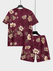 2-Piece Retro Vivid Knitted Fabric Full Rich Men's Dating & Commute Summer Burgundy Base Yellow Floral Pattern Short Sleeve Beach Shorts Set - Multicolor - View 5