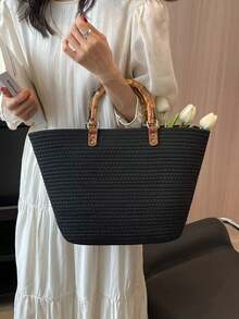 BAILEE A Casual, Stylish, Vacation-Themed Bamboo-Handled Woven Handbag. It Is Lightweight, Durable, And Has Ample Capacity. An Excellent Choice For Gifts. - Multicolor - View 7