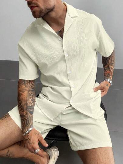 Set de 2 piezas Conjunto de ropa de verano para hombre, camisa de lino ligera y transpirable y pantalones cortos con cordón, estilo cubano casual para playa, boda, fiesta, vacaciones, regalo del Día del Padre para esposo, papá, novio