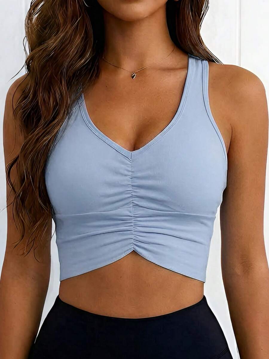 ATTRACO 女士纯色带衬垫运动背心，V领褶皱胸部设计，适合健身房、瑜伽、普拉提、跑步等多种运动，是一款多功能运动文胸。 - 霧霾藍 - 查看 1