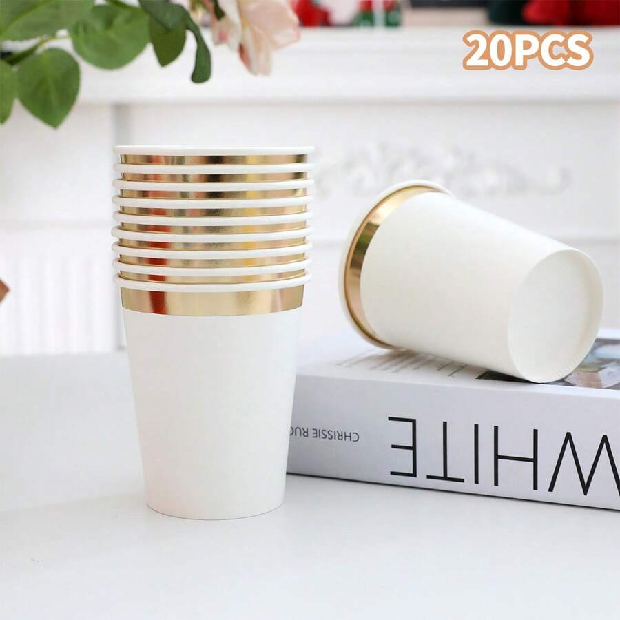 20/60 قطعة أكواب ورقية بيضاء فاخرة مطبوعة بالضغط الحراري (9 أونصة) - أكواب مشروبات أنيقة قابلة للتخلص منها مناسبة لأي حفلة وفعالية - أبيض - مشاهدة 1