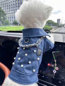 PETCIRCLE 1件宠物衣服，欧美风格，适合小型犬和幼犬，时尚可爱舒适的珍珠链装饰外套 - 藍色 - 查看 2