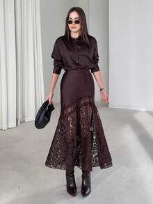 HH 女士缎面蕾丝拼接高腰长裙，优雅派对礼服，2025春秋款 - 摩卡棕 - 查看 11