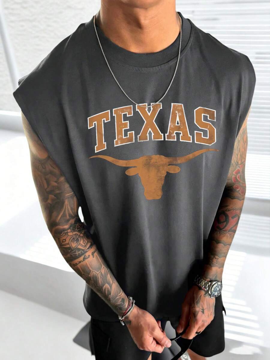 Zrgoth Men's Casual Versatile Simple Texas Text & Country Animals Cow Head Print Elements Sleeveless T-Shirt, Summer - Dark Grey - View 1