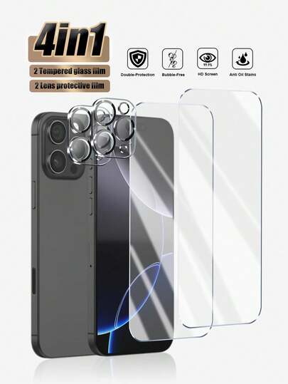4-In-1 Pack: 2 High-Definition Screen Protectors + 2 Transparent Lens Protectors, Dual Protection For Phone (Lens + Screen), Anti-Scratch, Anti-Drop, Anti-Fingerprint, Anti-Dust Phone Accessories, Compatible With Apple X/XR/11/12/13/14/15/16/17 Series