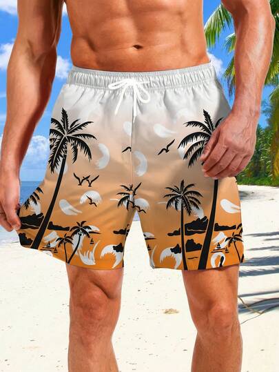 Men's Drawstring Waist Warm-Toned Coconut Palm Sunset Quick-Dry Beach Shorts, With A Warm-Toned White-To-Orange Gradient Base, Blending Coconut Palm Silhouettes, Flying Birds, And Coastline Elements, Suitable For Both Island Vacations And Urban Leisure, Creating A Romantic And Carefree Visual Effect.