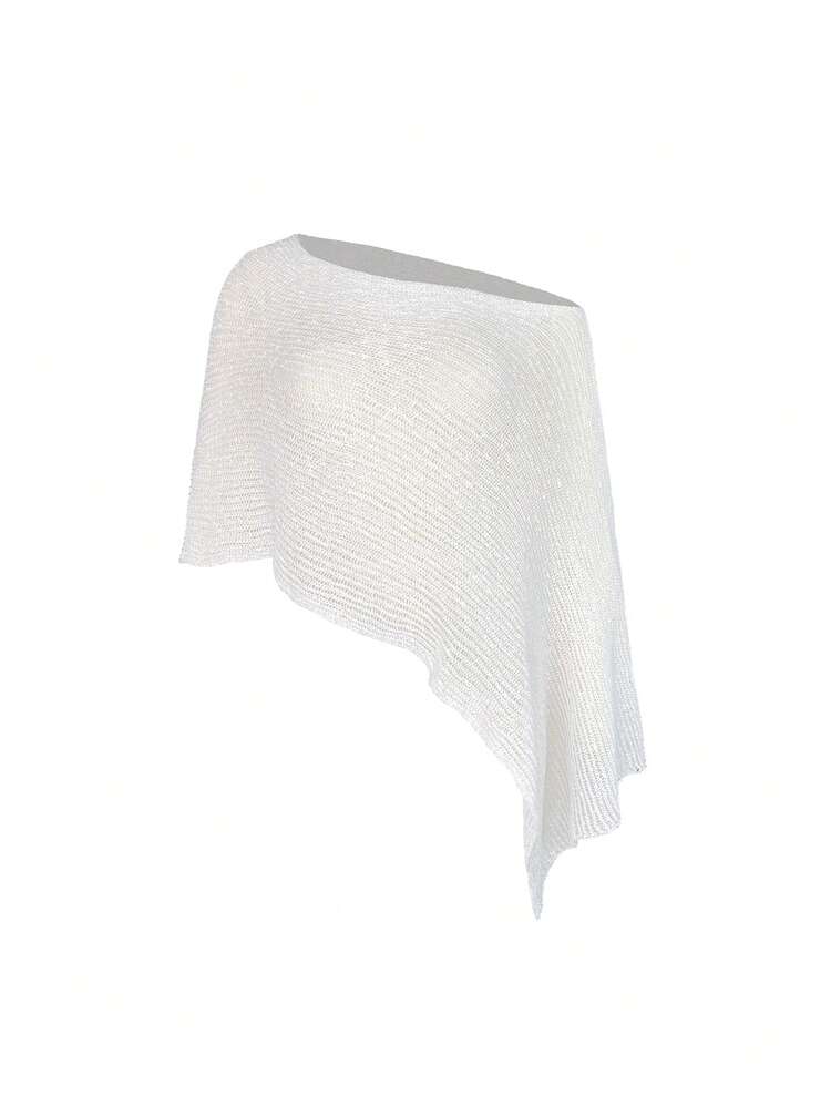 女士夏季音乐节科切拉风格海滩度假白色针织披肩，不对称镂空轻薄针织罩衫 - 白色 - 查看 8