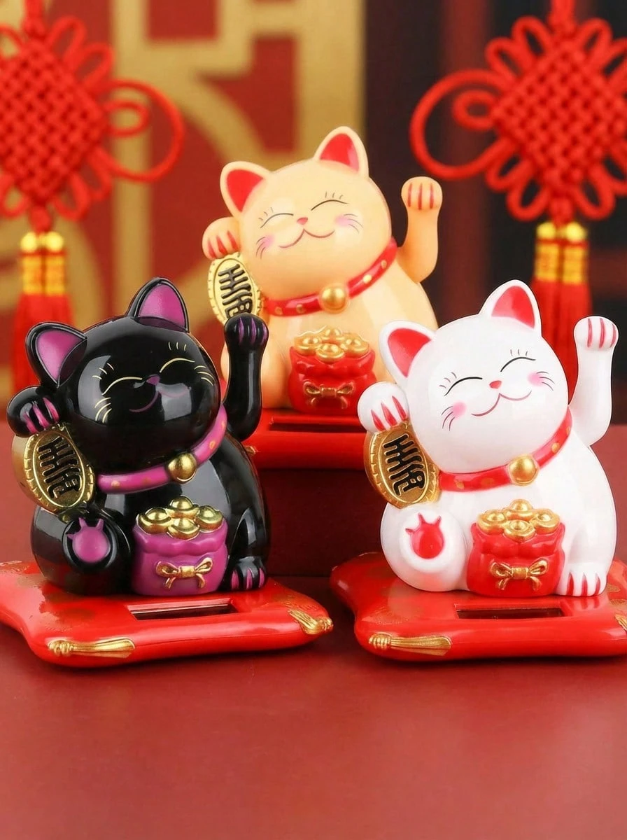 1pc Mini 2.5"/3" Solar Powered Waving Lucky Cat Figurine, Feng Shui Decor For Home, Office, Car, Bakery, Christmas, Birthday, Anniversary, Wedding