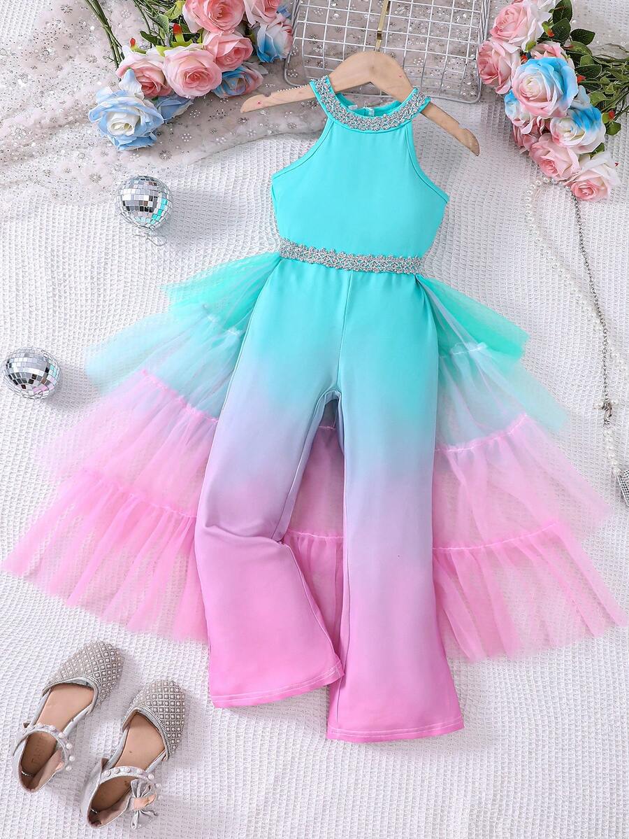 Mono de color degradado con cuello halter para niñas, con falda de tul en el bajo, estilo princesa para actuaciones, primavera/verano - Verde - Ver 1
