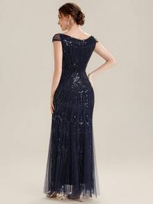 EVERPRETTY Đầm dạ hội dài trang trọng dành cho nữ, thiết kế tay ngắn phối sequin và lưới, kiểu dáng thanh lịch cổ điển, thích hợp cho tiệc cưới mùa xuân. - Màu xanh hải quân - Xem 6