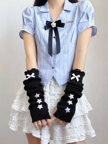 1 par de guantes sin dedos de punto con 5 decoraciones de moños cruzados, estilo lindo y dulce, adecuado para deportes, fiestas de cumpleaños, citas nocturnas, uso diario - 358# - Ver 15