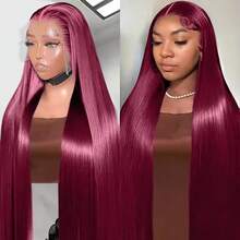 酒红色直发假发 - 34 英寸 99J 红色，13x4 高清透明蕾丝前额真人发混纺，200% 高密度预拔毛无胶假发，女士款，R型光滑外观，无需胶水，即戴即用 - bug - 查看 6