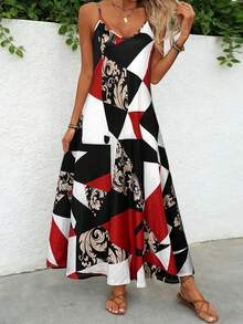 Women's New Allover Print Full-Length Dress, Fashionable V-Neck Mid-Length Dress, Casual Spaghetti Strap Breathable Dress, Women's Stylish Summer Outfit Vacation Party Elegant - Multicolor - View 1