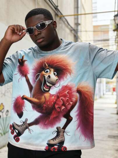 趣味马年卡通印花加大码男士短袖T恤，时尚渐变加大码T恤，幽默短袖上衣，休闲假日服装