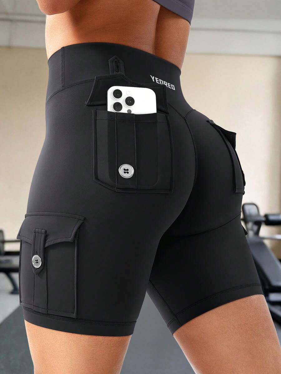 YEOREO CoreFlex Women Workout Biker Shorts With Cargo Pockets Hidden Scrunch High Waisted 8" Inseam Gym Shorts Summer Shorts For Women Black Shorts - 黑色 - 查看 1