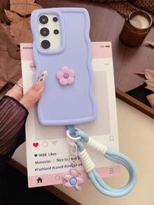 Flower 1pc Minimalist Floral Wristband Compatible With Apple 7/8/X/XR/XS Max/11/12/13/14/15/16/17 Pro Max, Galaxy A14/A15/A16/A17/A04/A05/A06/A07/A54/A55/A56/A34/A35A/36/S25/S25 Plus/S25 Ultra, A54, Moto G13/14/15, Soft Full Coverage Phone Case - Waves Of Purple - View 1