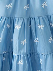 夏季女宝宝可爱度假蝴蝶印花蓝色荷叶边吊带公主裙派对装 - 淺藍色 - 查看 3