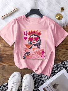 Women "Queen Of Hearts" Pattern T-Shirt - Casual Polyester, Short Sleeve, Crew Neck, With Vibrant Poker Cocktail Design, Suitable For All Seasons Pink Summer - Pink - View 1