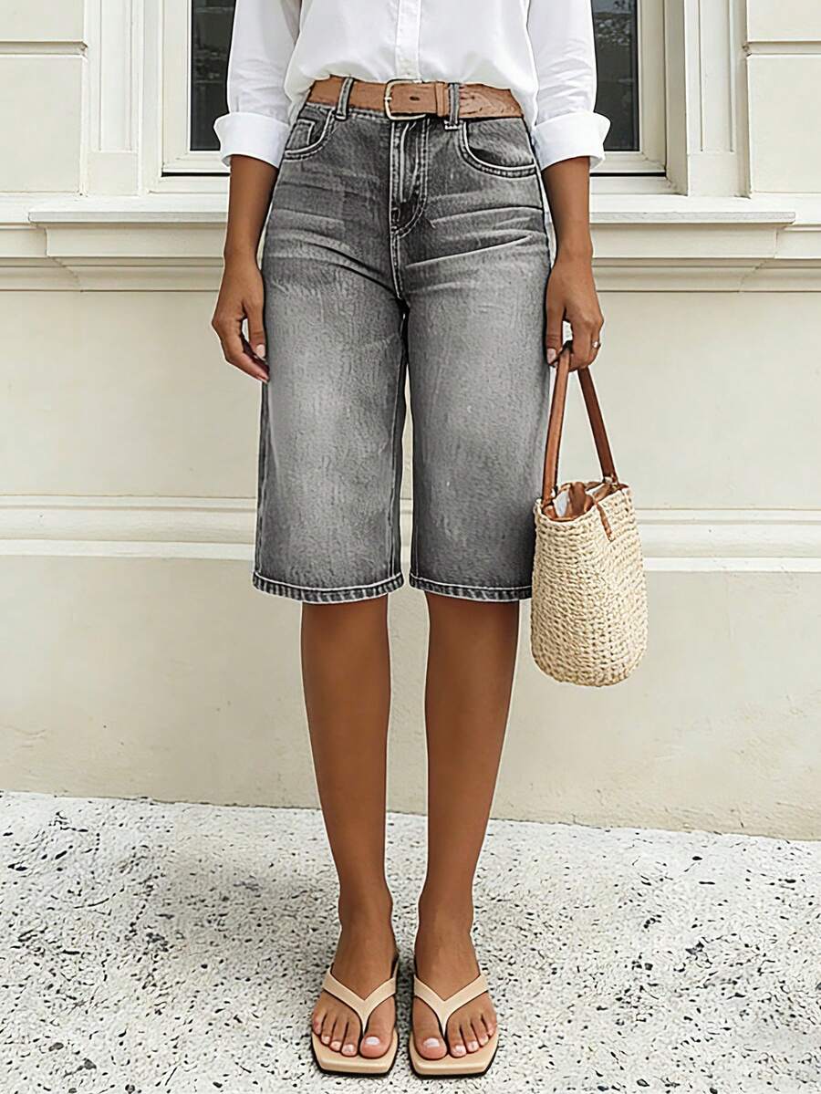 Pantalones cortos de mezclilla de pierna recta para mujer: de moda, sueltos y cómodos, shorts versátiles de pierna ancha de longitud media - Gris Claro - Ver 1