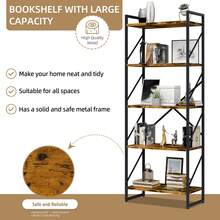 Vongrasig 5 Tier Bookshelf, Free Standing Bookcase Organizer Farmhouse Kitchen Ladder Shelves Rustic Wood Open Shelves Metal Frame, Vintage Storage Display Rack For Living Room, Bedroom Home Office - Brown - View 4