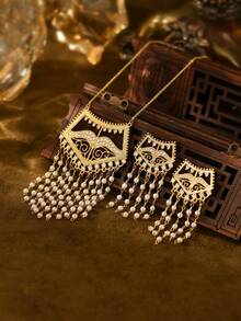 3pcs/Set Vintage Hollow Carved Copper Plated Gold Faux Pearl Tassel Necklace & Earrings Set, For Women Wedding Party Holiday Accessories - Yellow Gold - View 12