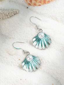 2pcs Popular Women's Fashion Casual Cute Pearl Shell Pendant Earrings, Wedding Engagement Party Jewelry Gift - Silver - View 2