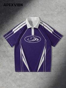 Retro Neon Purple Polo Shirt, Lightning Bolt Print, Loose Fit Short Sleeve, American Streetwear Style For Men - Mauve Purple - View 2