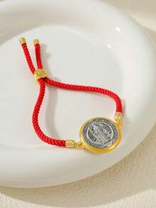 1pc Adjustable Red Cord St. Benedict Cross Pendant Bracelet, Gift For Women - Yellow Gold - View 5