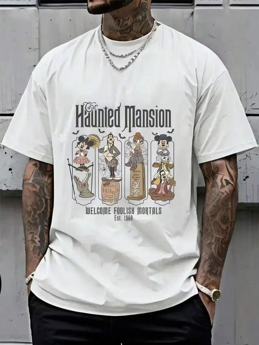 Authorized Disney Haunted House Series Printed Men's T-Shirts, Round Neck, Short Sleeves, Breathable, Light And Fashionable Street Style, Men's Daily Tops. - 白色 - 查看 1
