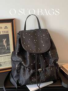 Large Capacity Fashionable Printed Nylon Casual Backpack With Multiple Pockets, Star Decor, Lightweight Foldable Drawstring Patch Letter Travel Bag, Summer - Black - View 3
