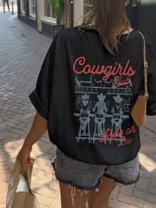1件女款夏季圓領短袖T恤，西部牛仔女郎與英文字母印花，寬鬆休閒百搭高品質黑色 - 黑色 - 查看 4
