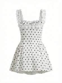 Retro Y2K Polka Dot Sweet Lace Dress, Slim Waist Flattering Fit, French Elegant Princess Style Mini Dress For Summer - Apricot - View 8