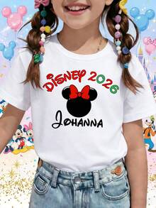 Disney 2026 Personalized Minnie Mouse Head Red Bow Custom Name Printed Pattern T-Shirts For Girls - Children's Clothing Design Short-Sleeved Casual And Cute Style Comfortable And Casual Wear All Year Round Suitable For Parties And Play Machine Washable Gift Children's Clothing Girls' Short-Sleeved Shirts - 白色 - 查看 1
