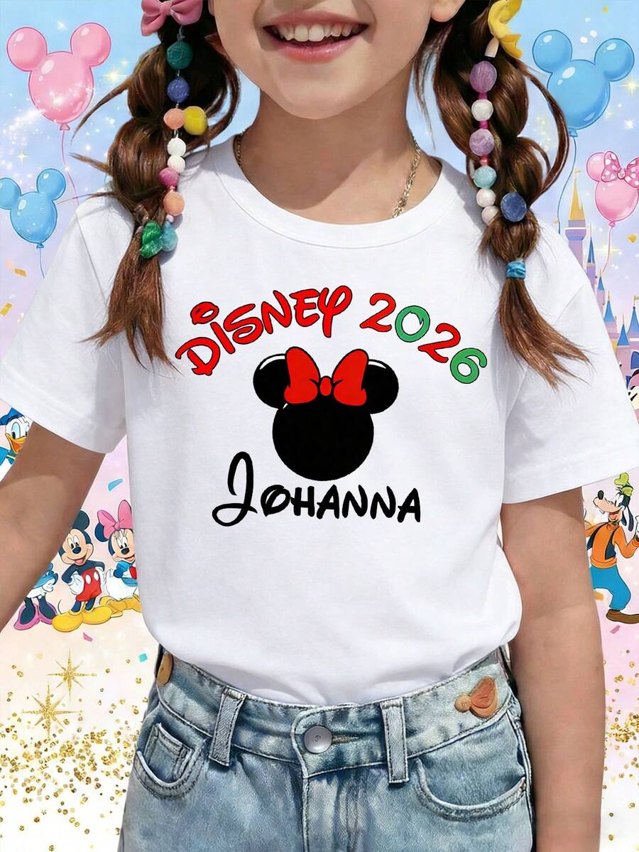 Disney 2026 Personalized Minnie Mouse Head Red Bow Custom Name Printed Pattern T-Shirts For Girls - Children's Clothing Design Short-Sleeved Casual And Cute Style Comfortable And Casual Wear All Year Round Suitable For Parties And Play Machine Washable Gift Children's Clothing Girls' Short-Sleeved Shirts - 白色 - 查看 1