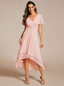 EVERPRETTY Đầm phù dâu màu hồng thanh lịch bằng vải chiffon, cổ chữ V, xếp ly phía trước, vạt váy bồng bềnh, thích hợp cho lễ cưới và các dịp dạ hội trang trọng. - Màu Hồng baby - Xem 4