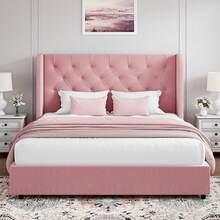 Full Bed Frame With Velvet Button-Tufted Headboard , Upholstered Bed Frames, Soft Fabric, Button Tufted Headboard With Windback, Curved Wingback Design,  Queen Bed Frame/ King Bed Frame/ Full Size Bed Frame, Pink/ White/ Grey - 粉色 - 查看 6
