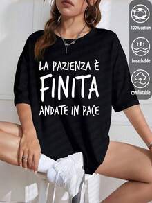 Áo thun nữ tay ngắn cổ tròn dáng rộng in khẩu hiệu, 100% cotton, thích hợp mặc hàng ngày vào mùa xuân và hè. - đen - Xem 3