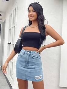 Falda vaquera casual y de moda, lavado desgastado, versátil para primavera/verano, uso diario, viajes y aeropuerto - Azul - Ver 5
