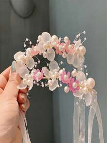 1件装女孩珍珠花环发箍，新娘风格手工编织手镯花朵，甜美编织发带头饰 - 彩色 - 查看 2