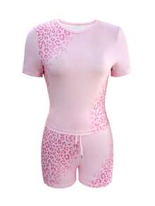Women's Casual Leopard Print Round Neck T-Shirt And Drawstring Shorts 2-Piece Set, Summer Pink - Pink - View 6