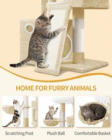 HaluPeit Cat Tree, 98cm Small Cat Tree, Spacious And Stable, With Soft Large Platform, Plush Balls, Caves, Scratching Posts, Cat Scratching Board, Beige - Beige - View 4